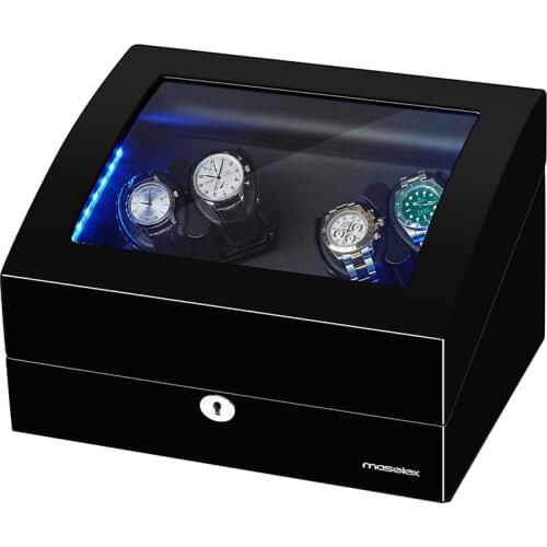 4 Automatic Black Baking Finish Watch Winder with LED Light 6 Storage Case 10 Modes For Mechanical Watch Good Quality
