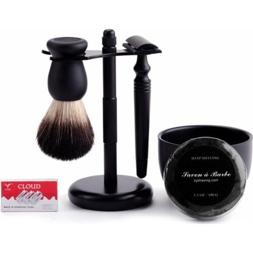 6pcs/kit Black Men Shaving Set Brush Holder Double-sided Razor Soap Bowl Metal Safety Classic Mail Grooming Cleaning Tools Gift