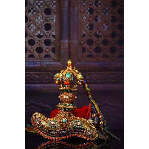 9" Tibet Buddhism Old Tibetan silver Filigree mosaic Gem Dzi Bead Dorje Vajra Phurpa Ward off evil spirits Town House