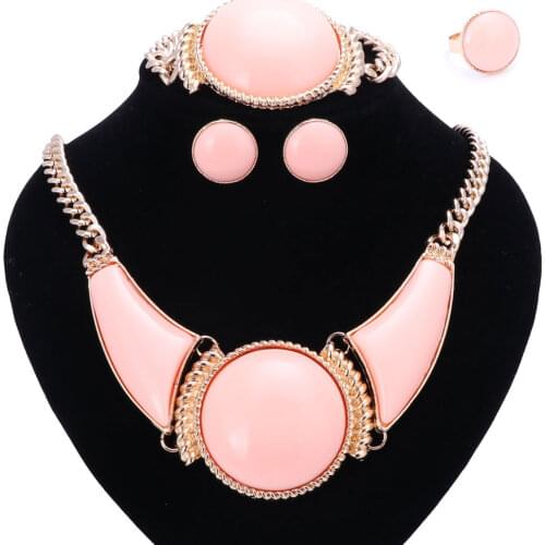 Women Party Bridal Fine African Beads Jewelry Sets For Wedding Dress Accessories Pink Resin Gem Necklace Earrings Rings Sets