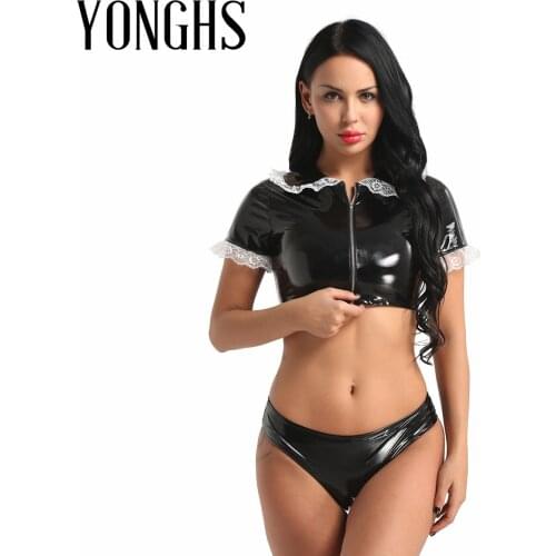 Womens Erotic Sexy Lingerie Set Wet Look Leather Clubwear Turn-down Collar Glossy Crop Top with Zippered Crotch Briefs Underwear