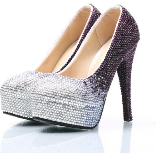 Brown and Silver Gradient Crystal Wedding Shoes Round Toe Large Size Super High Heel with Platform for Bridesmaid Reception