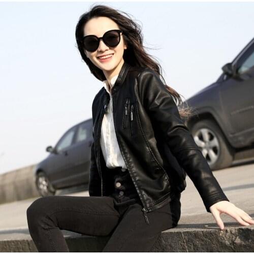 Female Korean Style Vintage Casual Slim Round Neck Short Zipper Decoration Handsome Motorcycle Faux Leather Jacket куртка