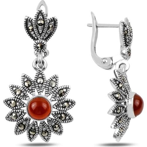 KUTAYDAN Marcasite & Red Agate Stone Dangle Earrings 925 Sterling Silver