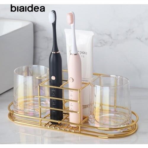 Wall Toothbrush Holder Glass Wash Cup Set Toothpaste Shelf Stand Razor Rack Gold Bathroom Tumblers Organizer Mental WC Storage