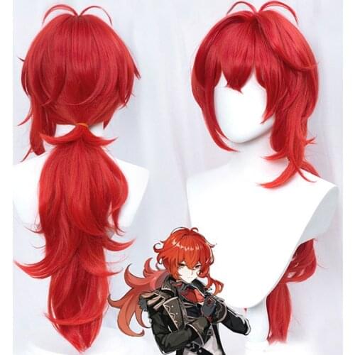 Diluc Wig Genshin Impact Cosplay Red Hair Long Curly Styled Heat Resistant for Adult Men Women Halloween Role Play + Wig Cap