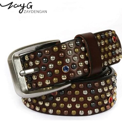 ZAYG The New Fashion Casual Color Rivet Belt Small Mushroom Nail Diamond Cowhide Male and Female Gothic Belt Sapphire Gem