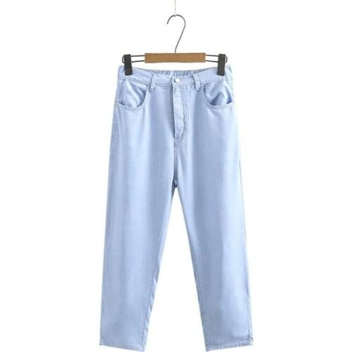 Plus Size XL-4XL Womens Blue Jeans Elastic Waist Slim Tencel Light Denim Pants with Pockets