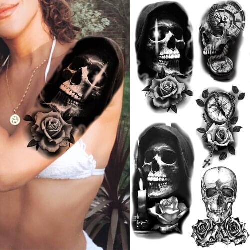 Realistic Scary Skeleton Black Skull Rose Flower Temporary Tattoos For Women Men Fake Tattoo Sticker Fashion Arm Halloween Tatoo