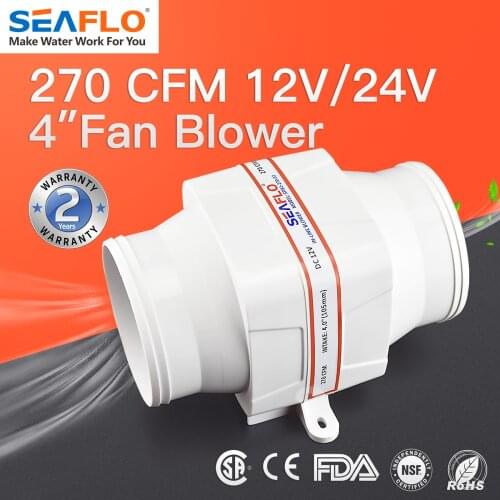 SEAFLO 4" 100mm 2700CFM In-Line Bilge Blower Fan DC 12V 24V 4 blade Marine Boat RV Air Exhaust White SFIB1-270-01 SFIB2-270-01