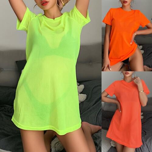 Sexy Women Sheer Mesh Bikini Cover Up Swimwear Swimsuit Bathing Suit See Through Short Sleeve T-shirt Tops Summer Beach Dress