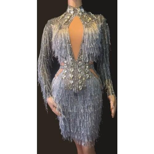 Sexy Tassels Crystals Jumpsuit Female Singer Dancer Legging Costume Big Stretch Bodysuit Nightclub Dance Outfit Dress Party Wear