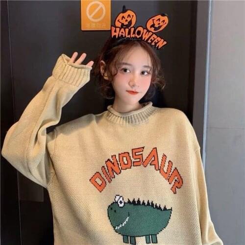 Funny Letter Dinosaur Sweater Women Harajuku Vintage O-neck Winter Pullover Long Sleeve Loose Knitted Oversize Sweater Warm Tops