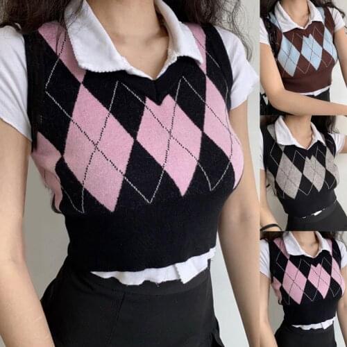 Sweater Vest Rhombus Pattern College Style Knitted V Neck Knitted Sweater Vest Student Vest for Party