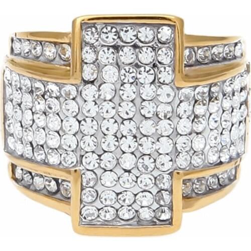 Hip Hop Bling Ice Out Full Rhinestone Pave Cross Ring Gold Color Titanium Stainless Steel Rings for Men Jewelry Size 7-9
