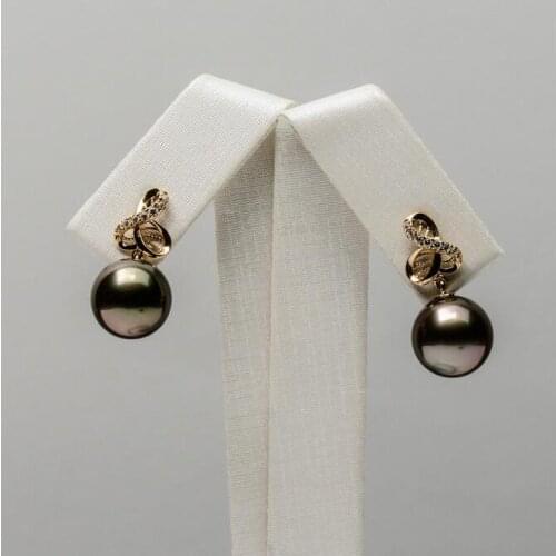 Gorgeous 10.4mm Green Real Tahitian Cultured Pearl Drop Earrings 14k Yellow Gold