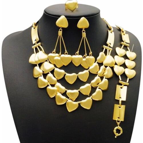 YULAILI High Quality 24K Italian Gold Color Jewelry Sets Copper Alloy Heart Shape Designs Big Necklace Pendant Earrings Bracelet