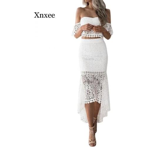 Summer Lace Slim Strapless White Skirt Women Set Sexy Lady Irregular Pencil Skirt with Off Shoulder Backless Top
