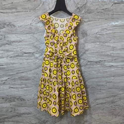 100%Cotton Womens Dress 2021 Summer Fashion Ladies V-Neck Yellow Floral Print Bow Belt Deco Sleeveless A-Line Casual Dress Sun