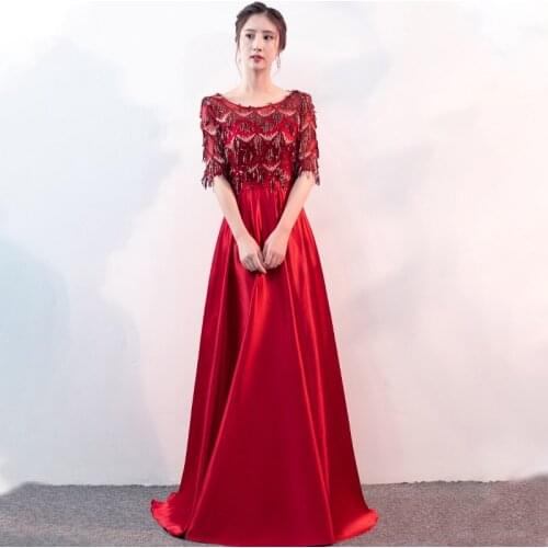 New O-Neck Elegant Evening Dress Sequins Short Sleeves Empire Pleat A-Line Floor-Length Simple Woman Formal Party Gowns A1325