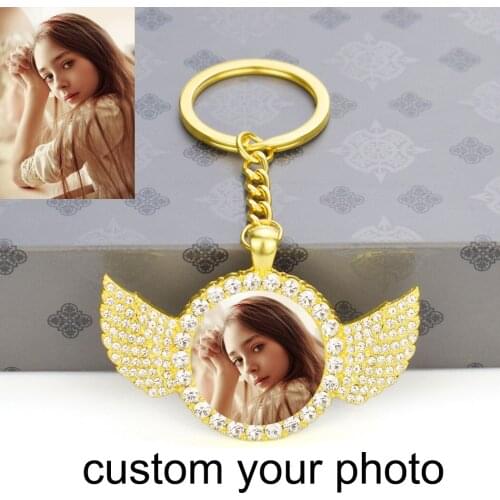 1pc Custom Photo Keychain Fashion Crystal Wings Pendant Keyring Personalized Women DIY Logo Photos Glass Jewelry Key Chains Gift