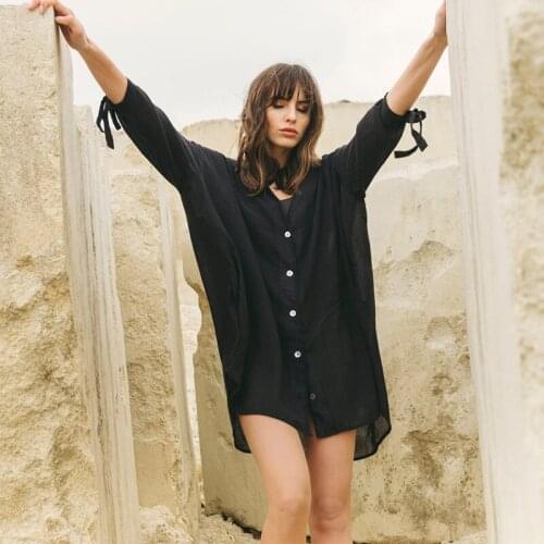 2021 New Plus Size Black Solid V-neck Roll-up Sleeeve Button Front Open Sexy Beachwear Women Tops and Blouses Loose Shirts N1233