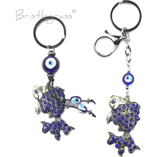 BRISTLEGRASS Turkish Blue Evil Eye Rhinestone Goldfish Keychain Key Chains Ring Holder Amulets Lucky Charm Pendant Blessing Gift