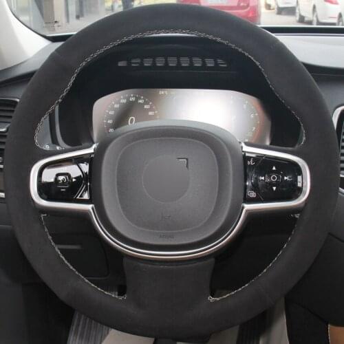 Black Suede DIY Hand-stitched Car Steering Wheel Cover for Volvo XC90 2015 2016 2017