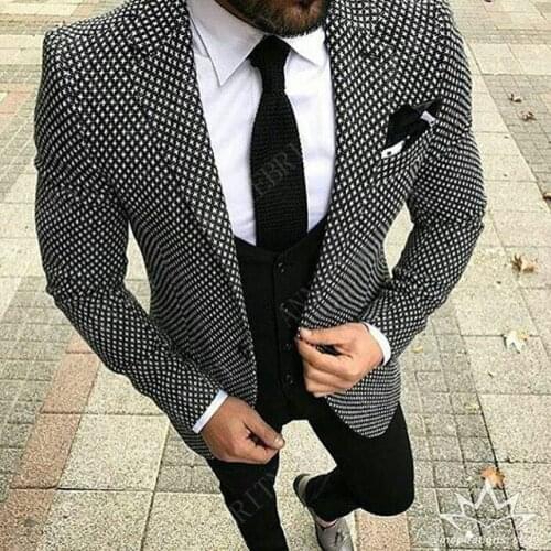 Men Houndstooth Suits Prom Tuxedo Slim Fit 3 Piece Groom Wedding Suits For Men Custom Blazer (Jacket +Vest +Pant)