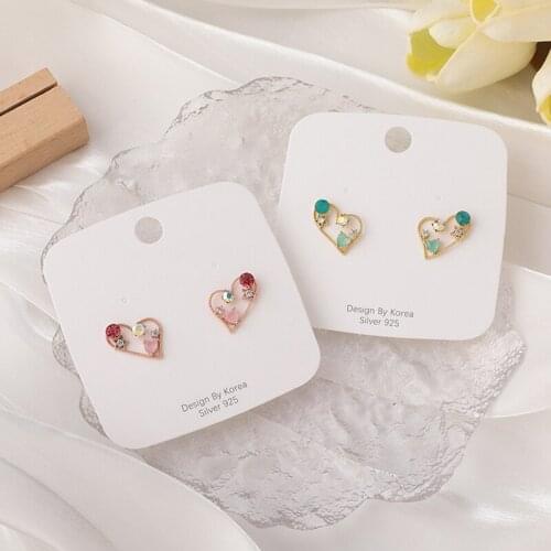 Korean Colorful Love Heart Stud Earrings For Women Fashion Delicate Micro Zircon Pink Green Color Crystal Bijoux Party Gifts