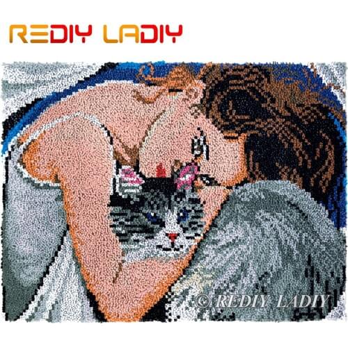 Latch Hook Rug Girl with Cat Plush Tapestry Kit Crochet Cushion Mat DIY Carpet Rug Needlpoint Chunky Yarn Arts & Crafts 81*61cm