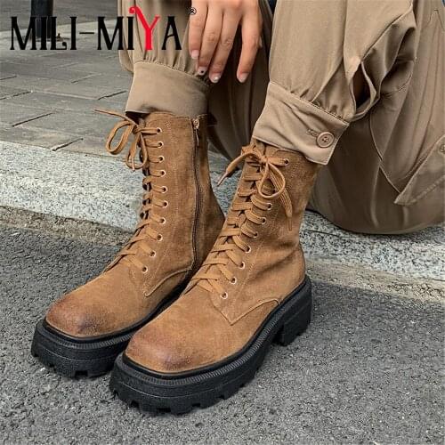 MILI-MIYA New Arrival Cow Suede Women Work&Safety Ankle Boots Round Toe Square Heels Zipper Slip-On Plus Size 34-41 For Ladies