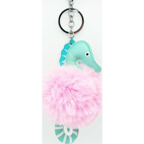Cute Leather Seahorse Animal Keychains Soft Fluffy Pompom Ball Key Chains Holder Women Bag Car Gold Rabbit Fur Pom Pom Trinket