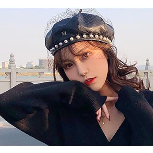 Fashion PU leather beret hat retro mesh black beret pearl painter hat net red same octagonal hat