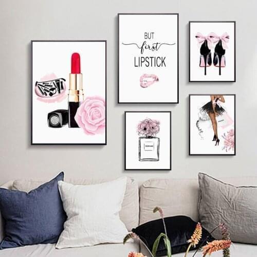 Fashion Flower Perfume Wall Art Poster Pink Lips High Heels Women Canvas Painting Nordic Vogue Pictures Girls Room Home Decor