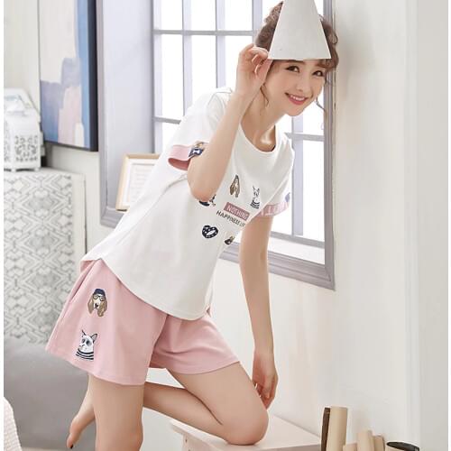 New Cotton Ladys Homewear Loose Short Sleeves Summer Girl Pajamas