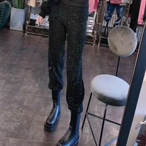 New High Waist Women Bright Black Harm Trousers Women Autumn Shiny Pants