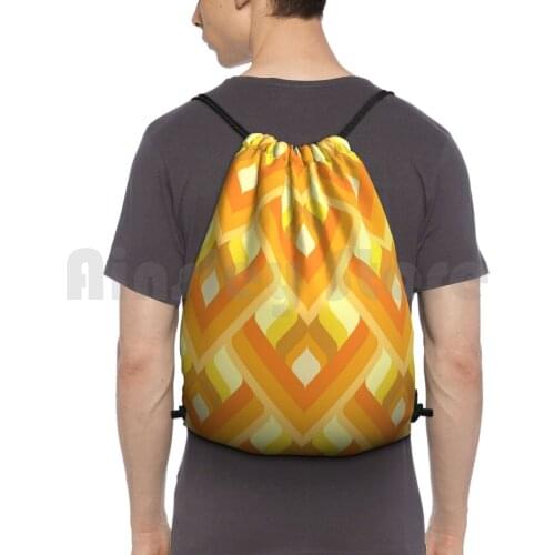Orange , Brown And Yellow Geometric Retro Diagonal Pattern Backpack Drawstring Bags Gym Bag Waterproof Orange Brown