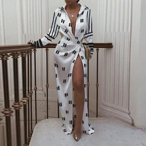 Elegant Ladies Autumn Print A Line Maxi Dress Female Fashion Sexy Party Dress Deep V Slim Dress For Women With Slit Vestido