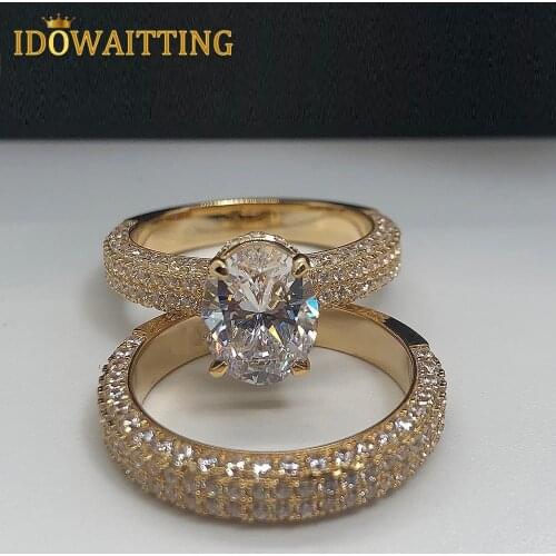 Gold Color Plated Micro Pave Clear Cubic Zirconia Wedding Ring Set Iced Out Accent Oval CZ Sparking Bling Engagement Band Ring
