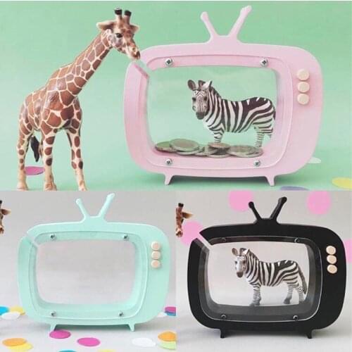 Nordic Photography Props Wooden Piggy Bank Kids Room Decoration Crafts Television Pattern Coin Money Box Figurines Miniatures