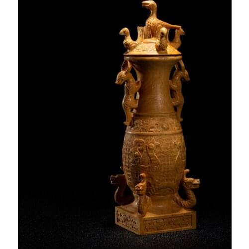 Boxwood 21cm Chinese Traditional Cup Sculpture Wood Carving Dragon Phoenix Auspicious Lucky Home Decor