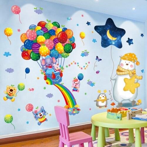 [shijuekongjian] Cartoon Balloons Wall Stickers DIY Bear Animals Mural Decals for Kids Rooms Baby Bedroom House Decoration