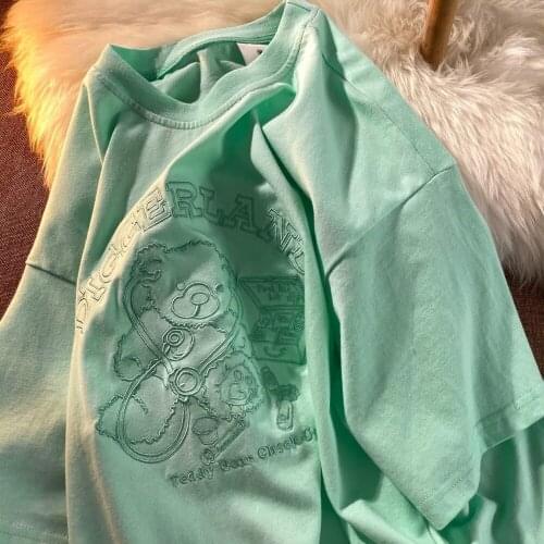 Chic Creative Embroidery Bear Kawaii T Shirts for Teens Clothes Pure Cotton Summer Plus Size Tops 2021 Korean Japanese Fashion