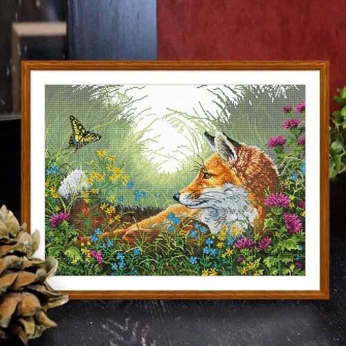 Вышивка крестом наборы Cross stitch kit printed fabric 11ct animal pattern of fox and butterfly in flowers Kids room decoration