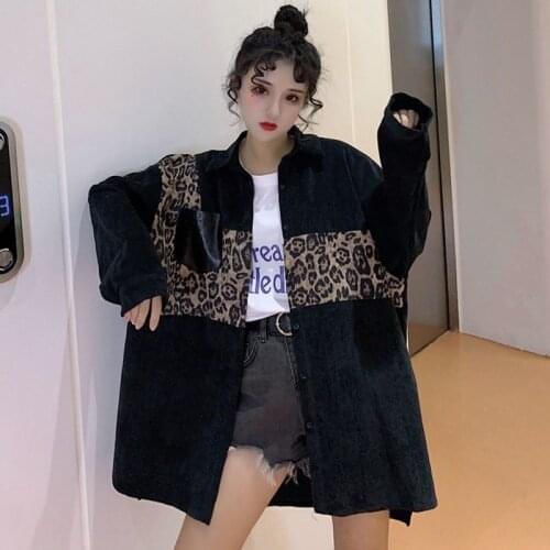 Heydress women casual oversize shirt coats Korean outwear autumn Harajuku loose Leopard Print Spliced corduroy jackets