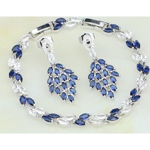 Leaf 925 Silver Jewelry Blue Stones White Zircon For Women Anniversary Stud Earrings/Bracelet Free Gift Box