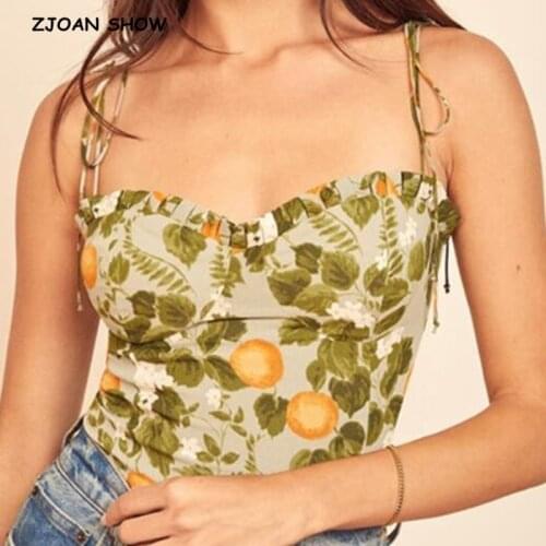 2021 Retro Tie Bow Strap Green Fruit Print Camis Women Summer Back Ruched Short Tank Tops Cool Girl Sexy Slim Crop Top Tees