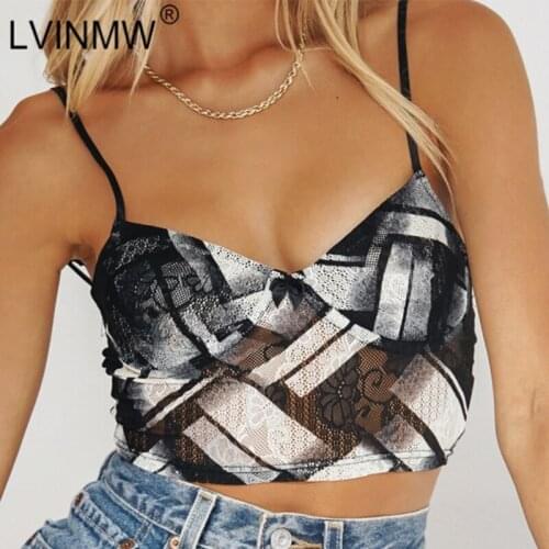 LVINMW Backless Sexy Pacthwork Slim Vintage Camisole Tops Printed Casual Fashion Black Crop Top Women Summer Cloth Streetwear