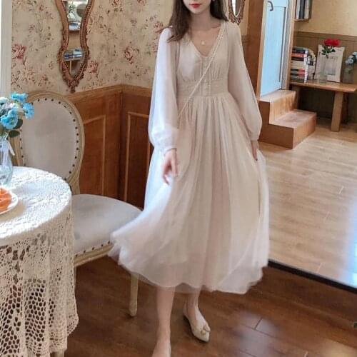 2021 autumn dress ladies V-neck lantern sleeve long dress retro waist slimming solid color dress ladies